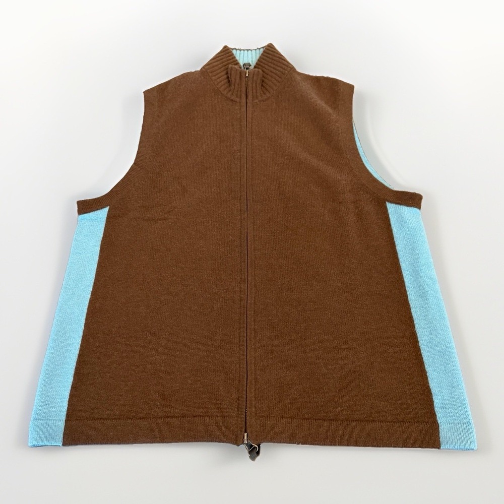 Kinross Full Zip Sweater Vest 100% Cashmere Brown Blue Mens Sz XL